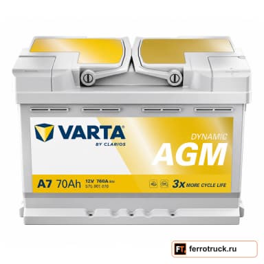 Аккумулятор VARTA Dynamic AGM A7 (570901076), 70 А·ч, 760 А, 12 В