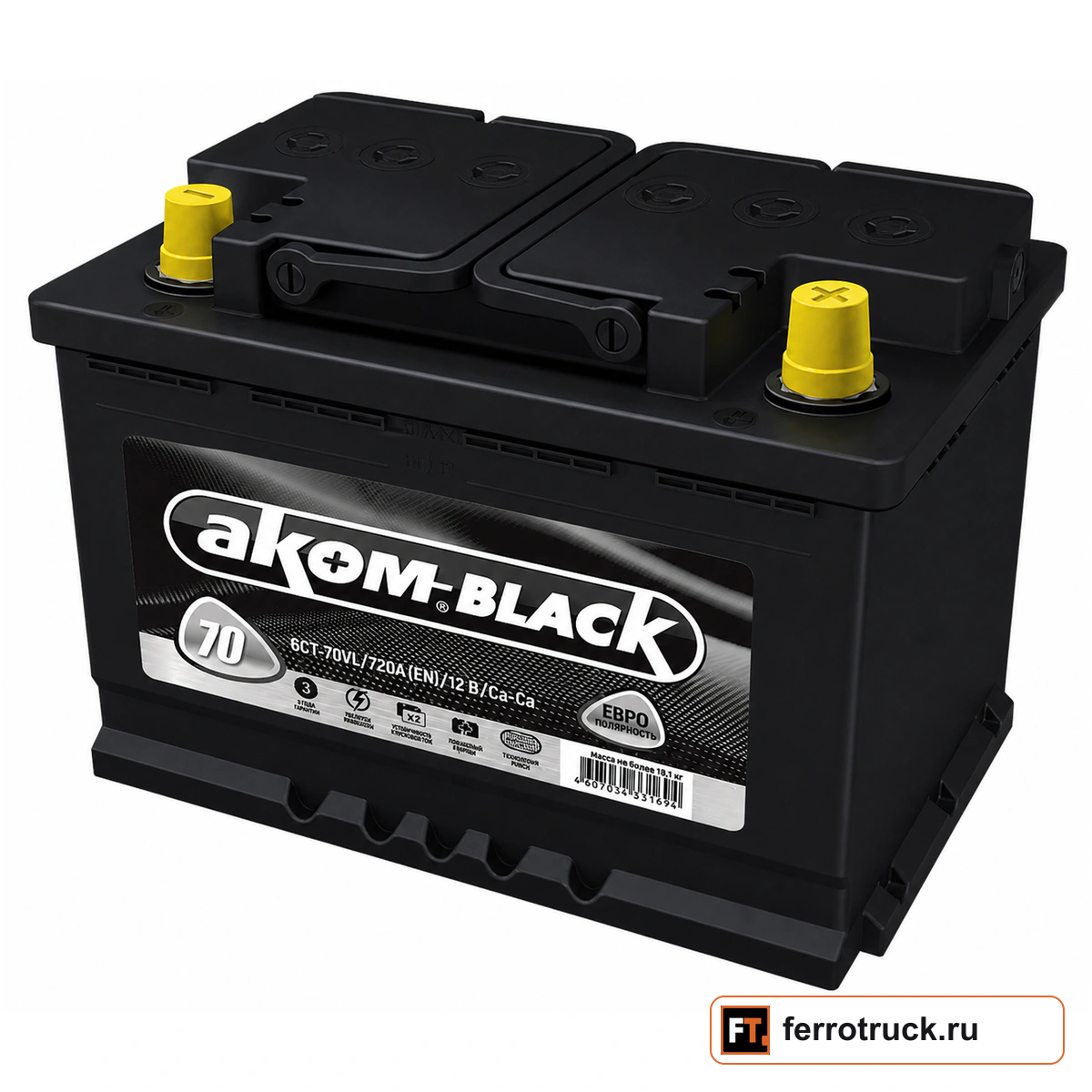 Аккумулятор АКОМ Black 70E, 70 А·ч, 720 А, 12 В